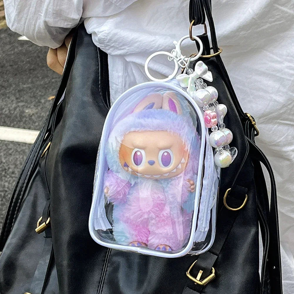 Cute Plush Cotton Doll Outfit Crossbody Pain Bag for 17cm Labubu V2 V3 Transparent Storage Bag Dolls Display Bag